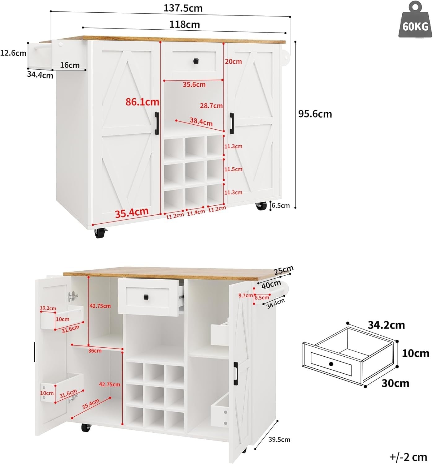 White Natural Kitchen Island Foldable Table Wine Rack