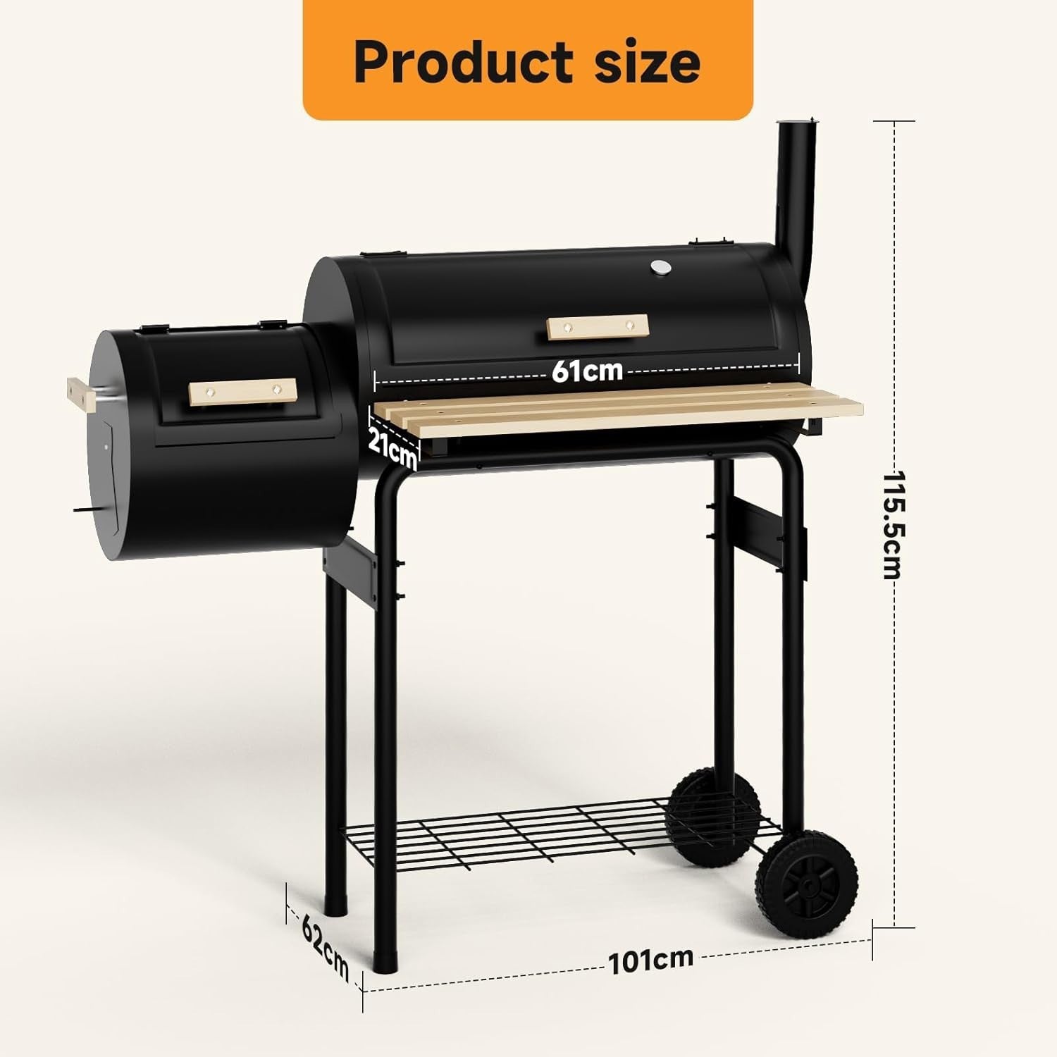 Barrel Charcoal BBQ Grill with Offset Smoker & Thermometer – 2-in-1 Outdoor