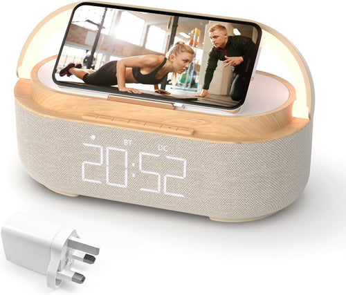 Wooden Bluetooth Radio Alarm Clock 15W Wireless Charger Night Light Loud Alarm