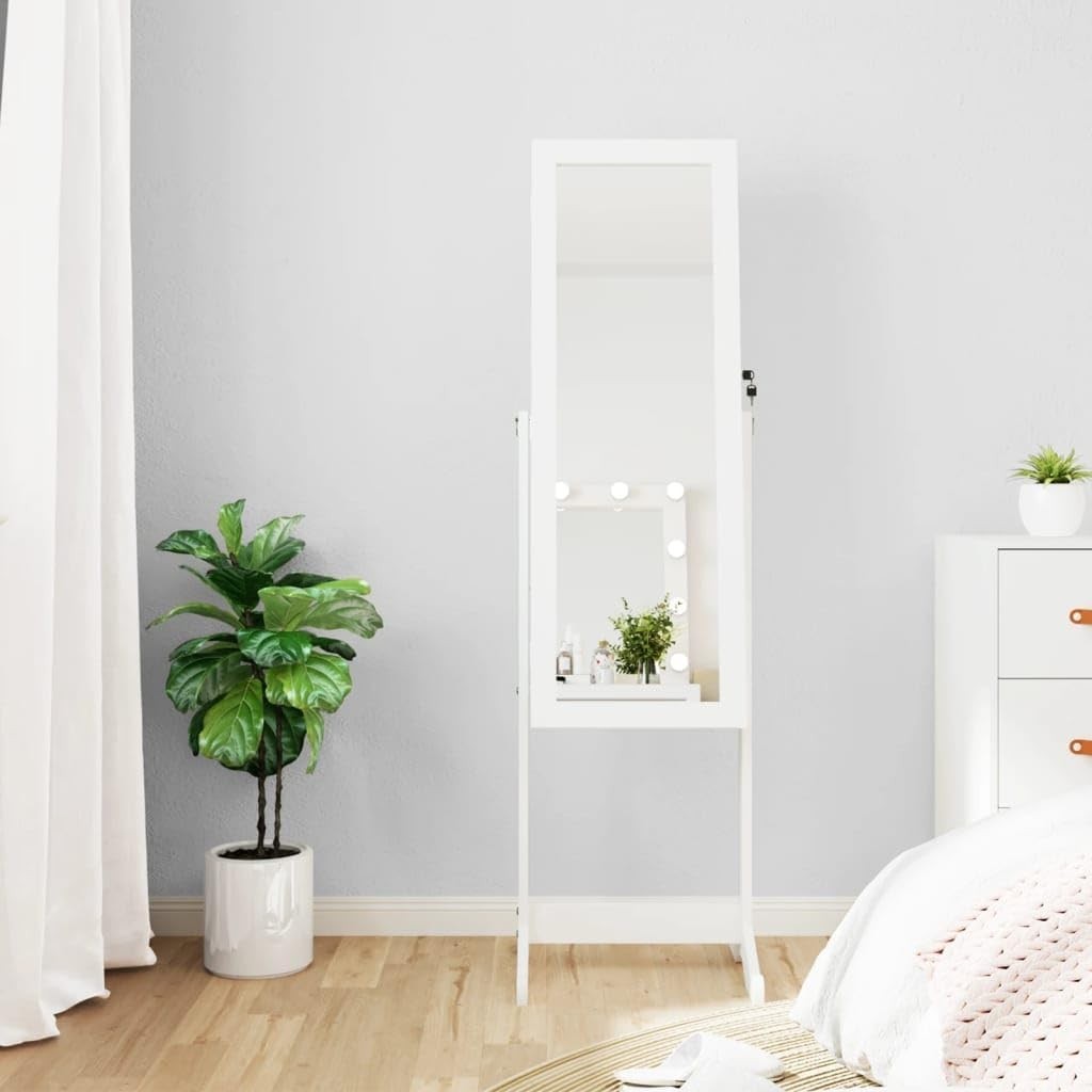LED Standing Mirror Jewelry Cabinet Lockable Storage Armoire White
