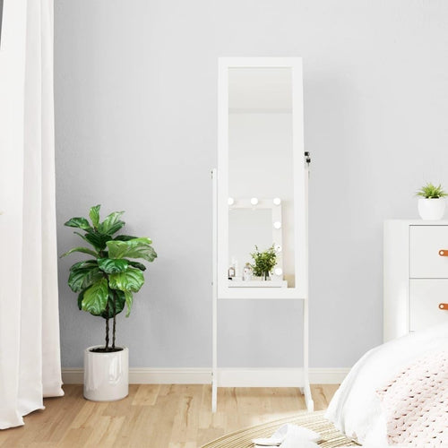 LED Standing Mirror Jewelry Cabinet Lockable Storage Armoire White