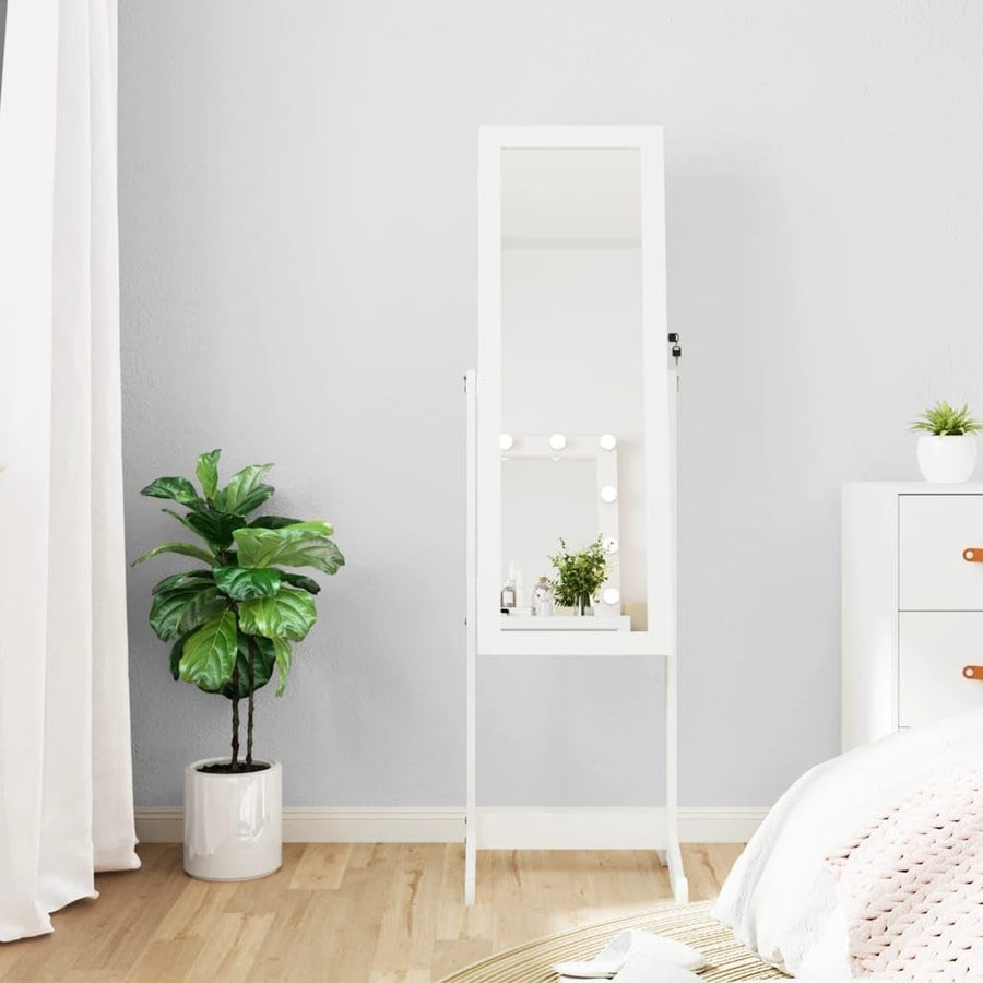 LED Standing Mirror Jewelry Cabinet Lockable Storage Armoire White