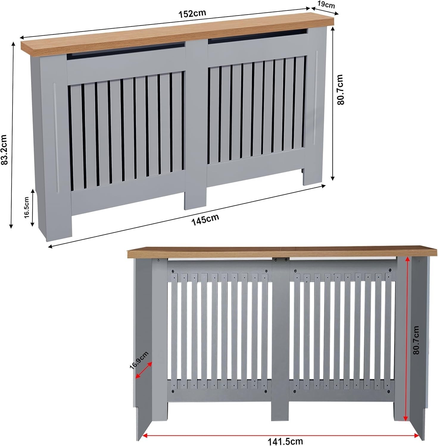 Radiator Cover Large Grey Oak Modern MDF Slatted Cabinet With Shelf 152cm