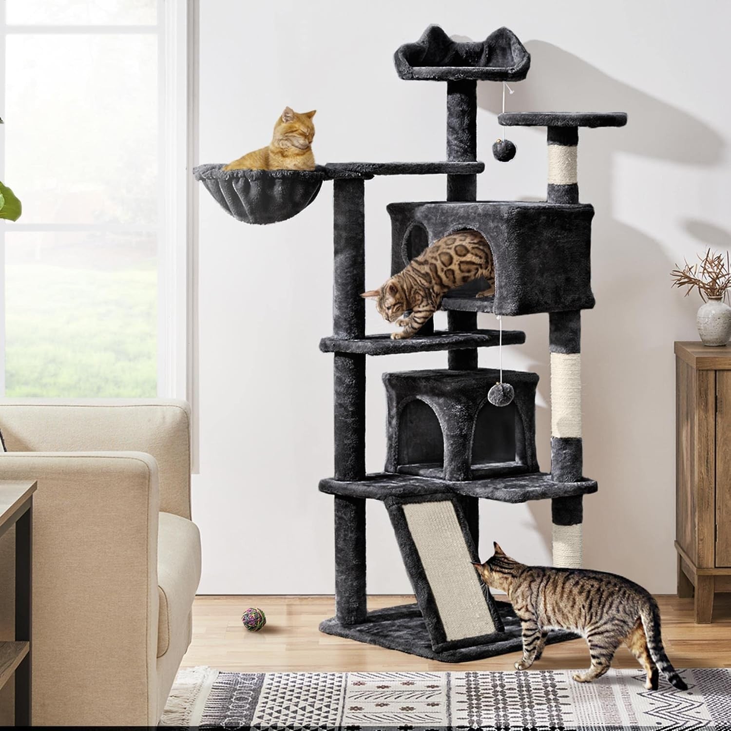 Large Cat Tree 144.5cm Multi Level Tower Condos Scratching Posts Ramp