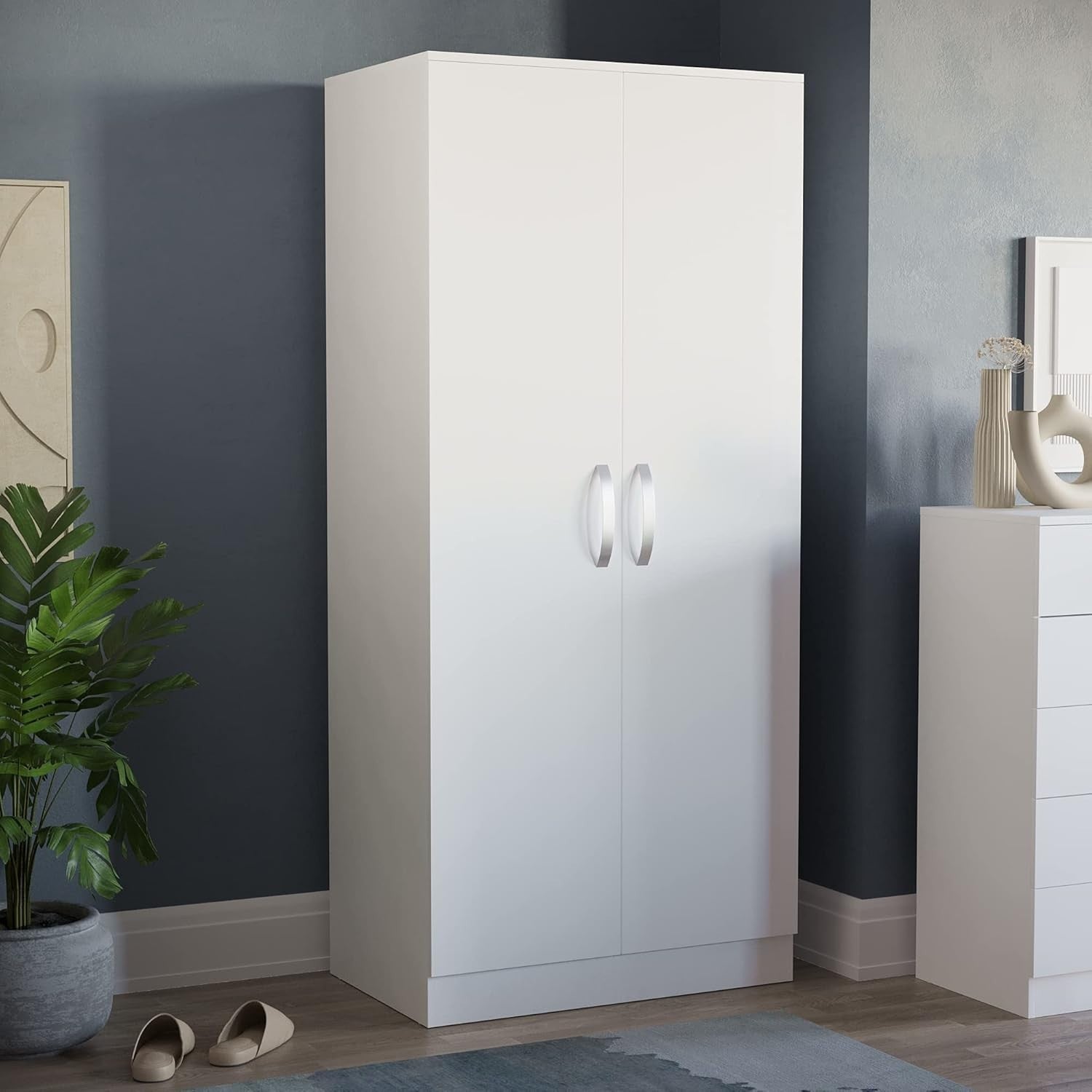 2 Door White Wardrobe High Gloss Finish Compact Clothes Storage Cabinet