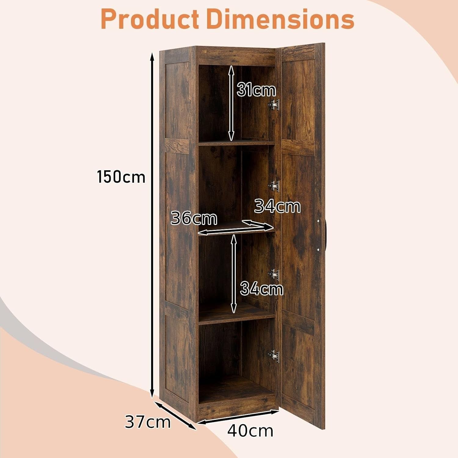 Tall Rustic Brown Kitchen Cupboard 4 Tier Wooden Storage Cabinet Unit