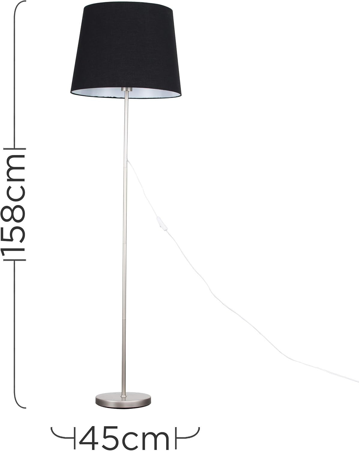 Modern Chrome Floor Lamp Tall Standing Light Black Shade E27 Bulb