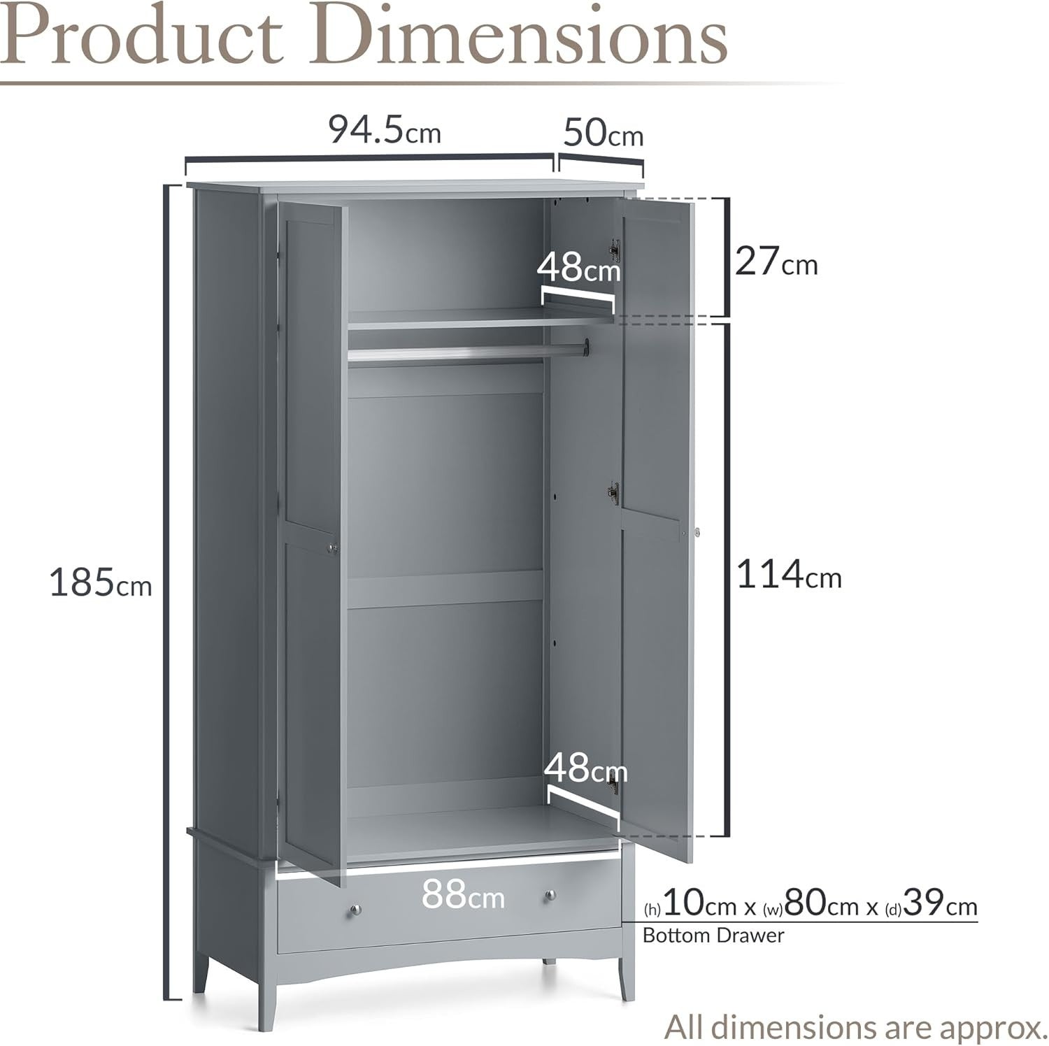 Grey Double Wardrobe with Drawer | Soft Close Doors | Clothes Rail Storage