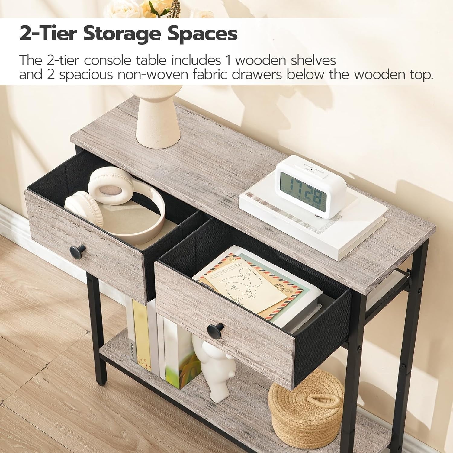 Slim Narrow Console Table with 2 Drawers & Lower Shelf for Small Spaces