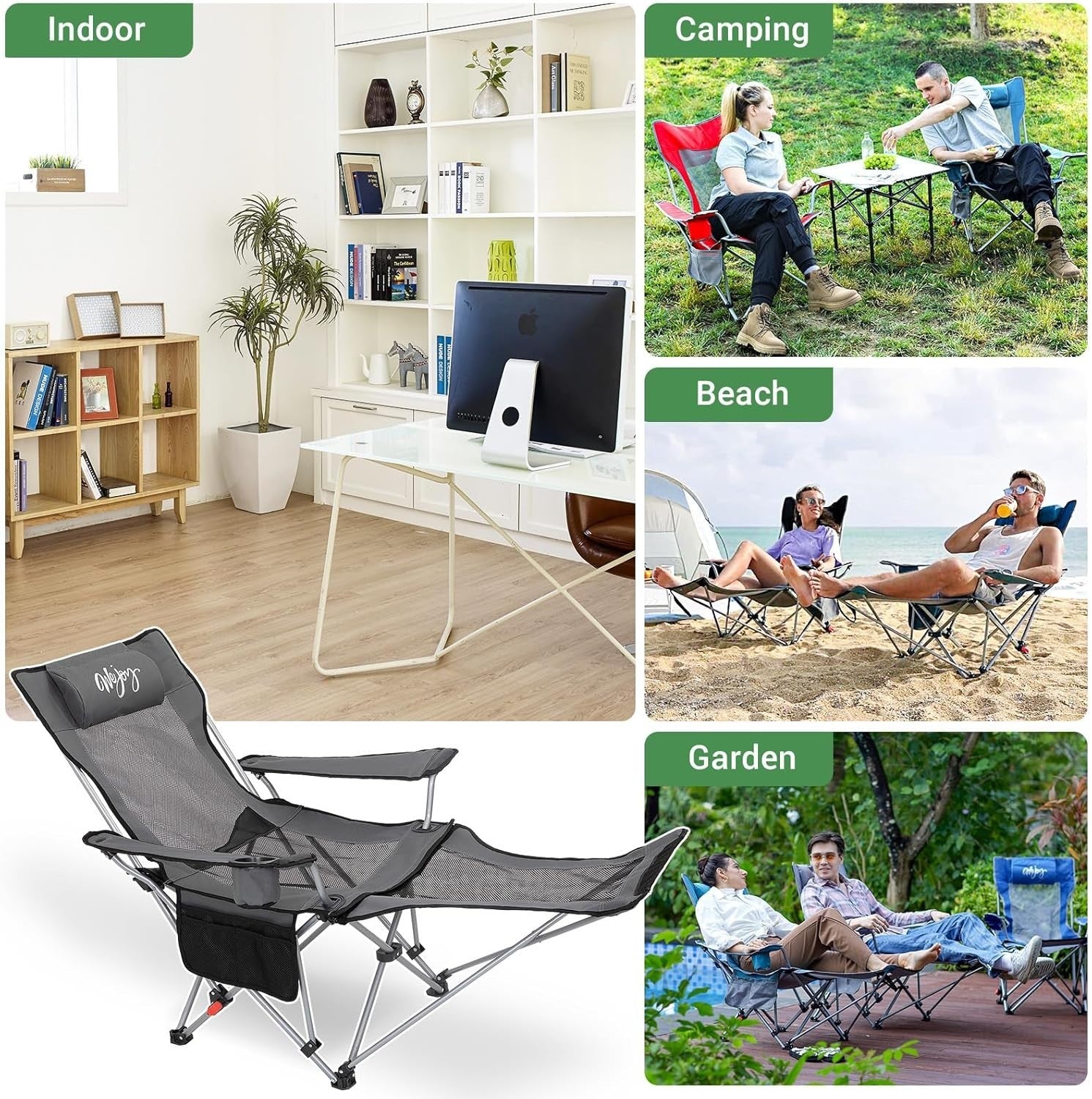 2x Recliner Folding Camping Chairs Footrest Headrest Cup Holder Travel