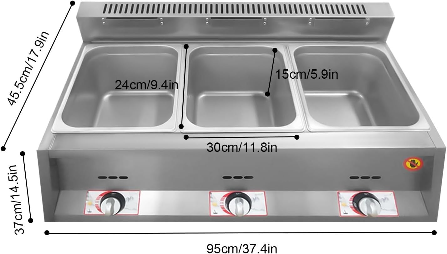 Commercial Gas Food Warmer Bain Marie 3 Pan LPG Countertop