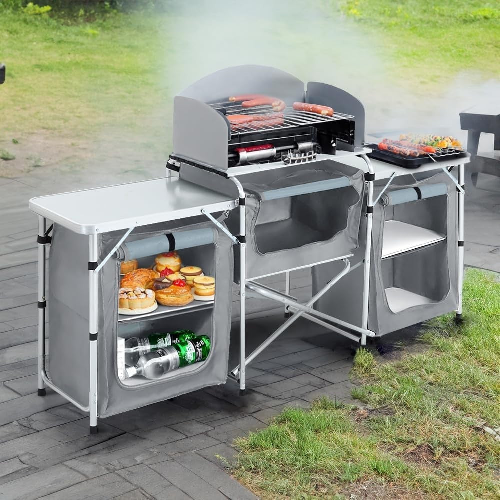Outdoor Camping Kitchen with 5 Shelves, Foldable Aluminium BBQ Storage Table