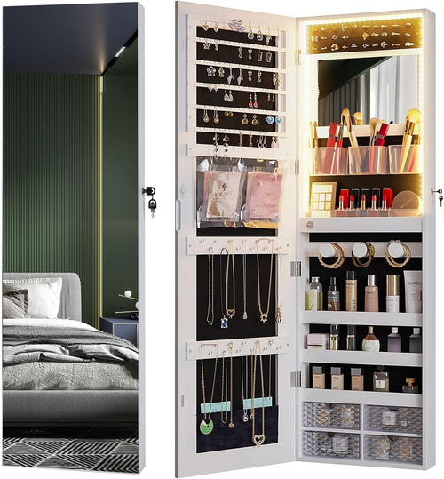 LED Full Length Jewelry Armoire Mirror Lockable Storage Organizer White
