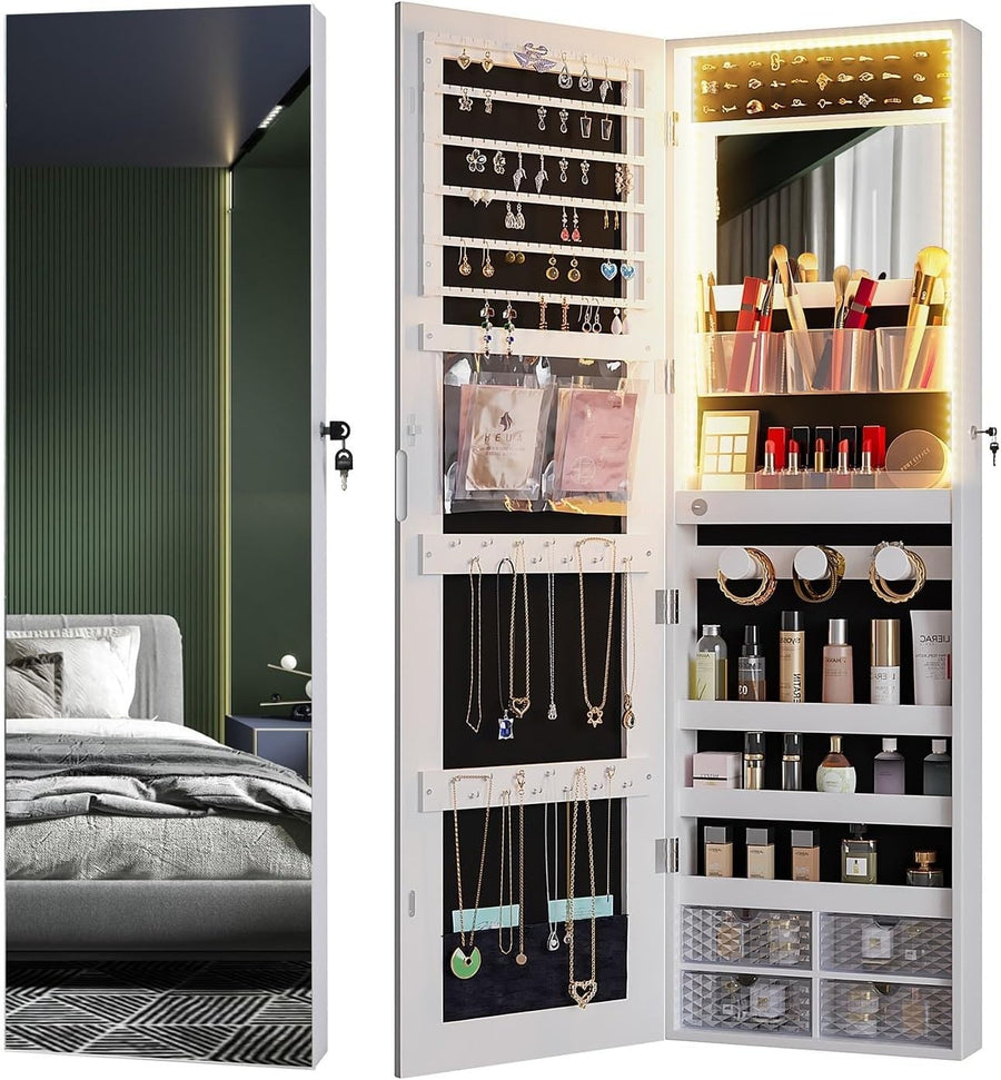 LED Full Length Jewelry Armoire Mirror Lockable Storage Organizer White