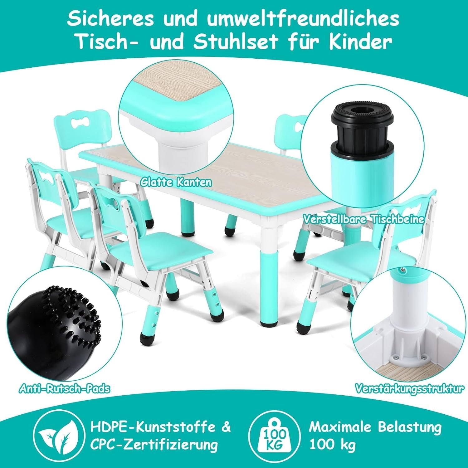Adjustable Kids Table & 6 Chairs Set Durable Plastic Furniture Mint Green
