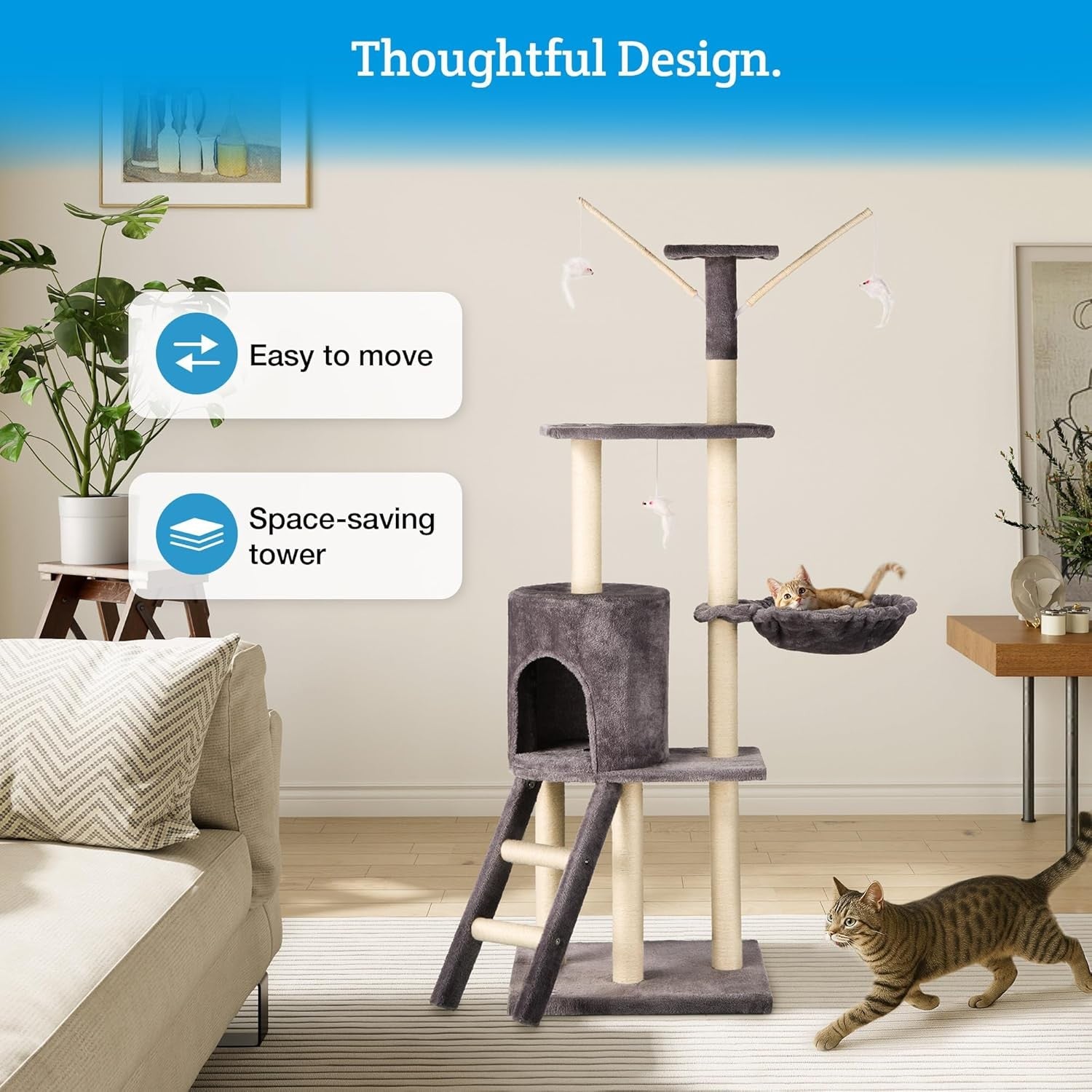 Cat Tree 146cm Multi Level Tower With Scratching Posts Condo & Hammock Grey