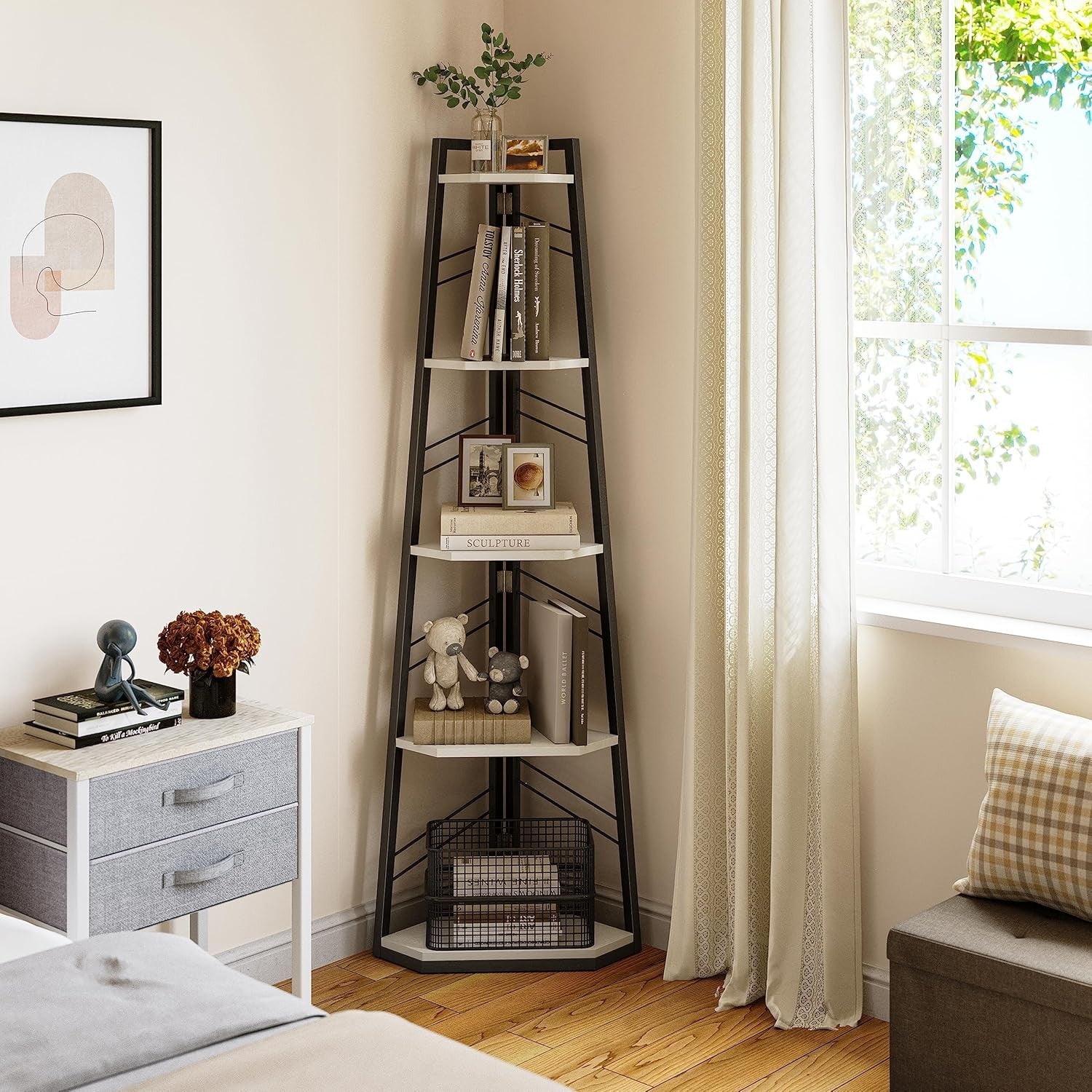 Modern 5-Tier Corner Bookshelf Ladder Unit Space-Saving Display Shelf White