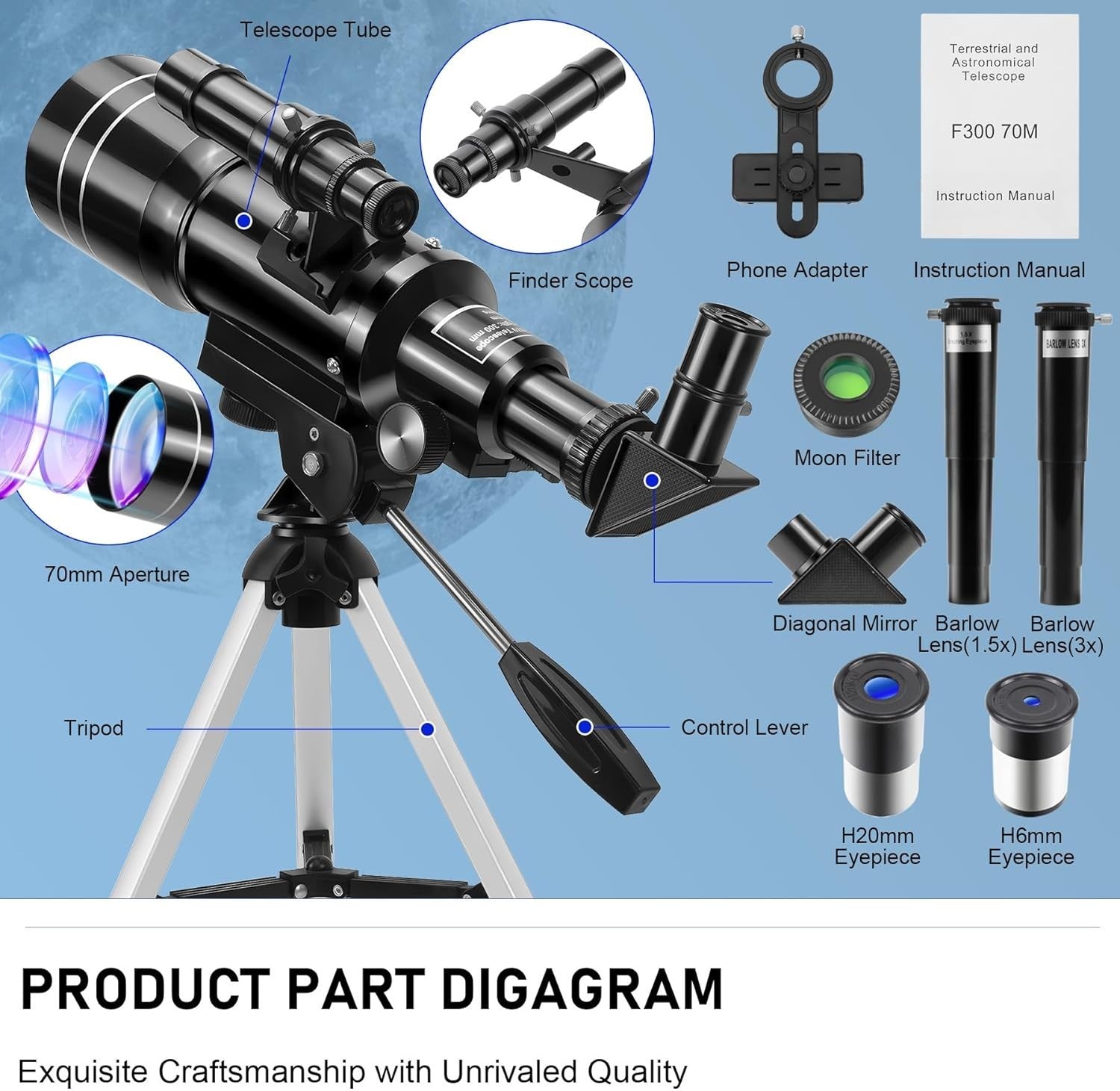 70mm Kids Telescope with Tripod, Phone Adapter & 150X Magnification