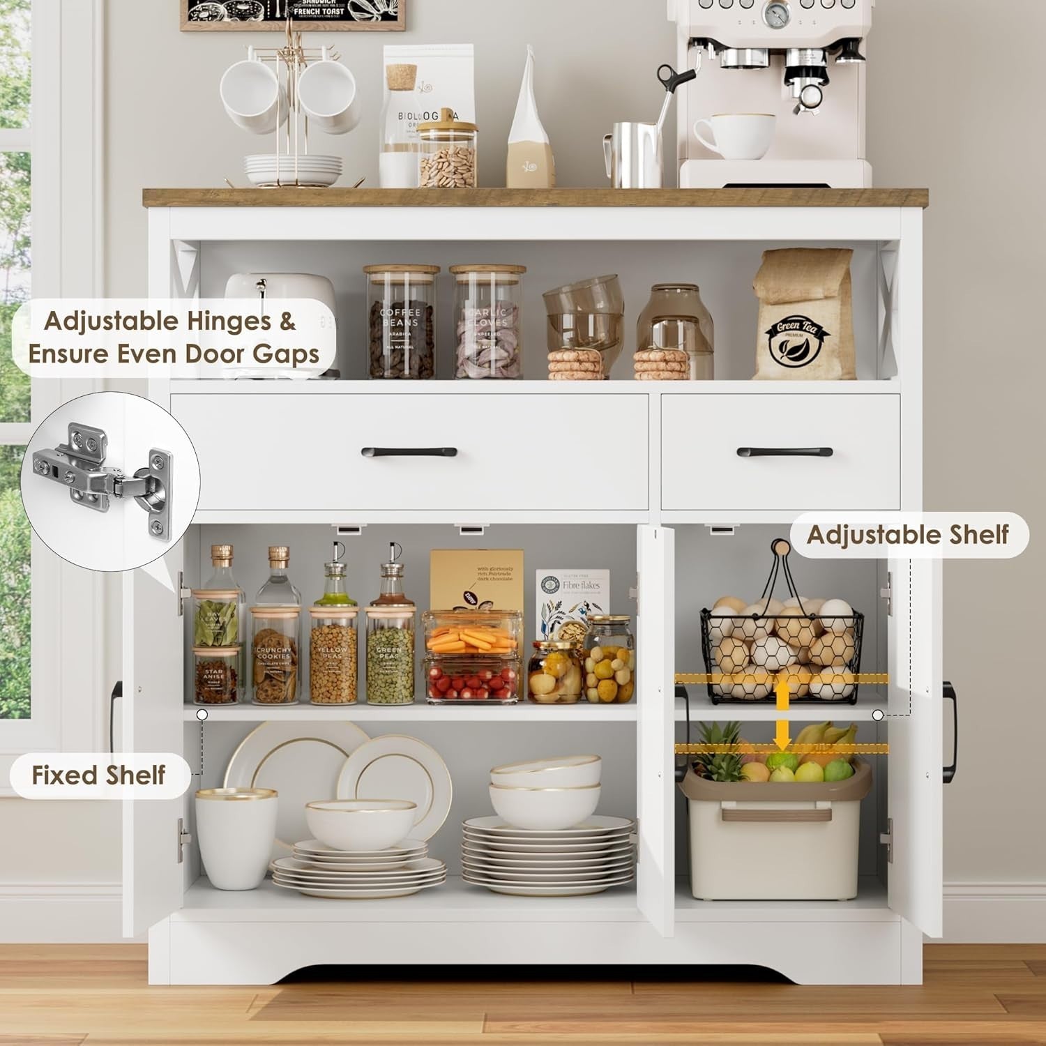 White Kitchen Sideboard Storage Unit with Drawers Shelves & Cupboard