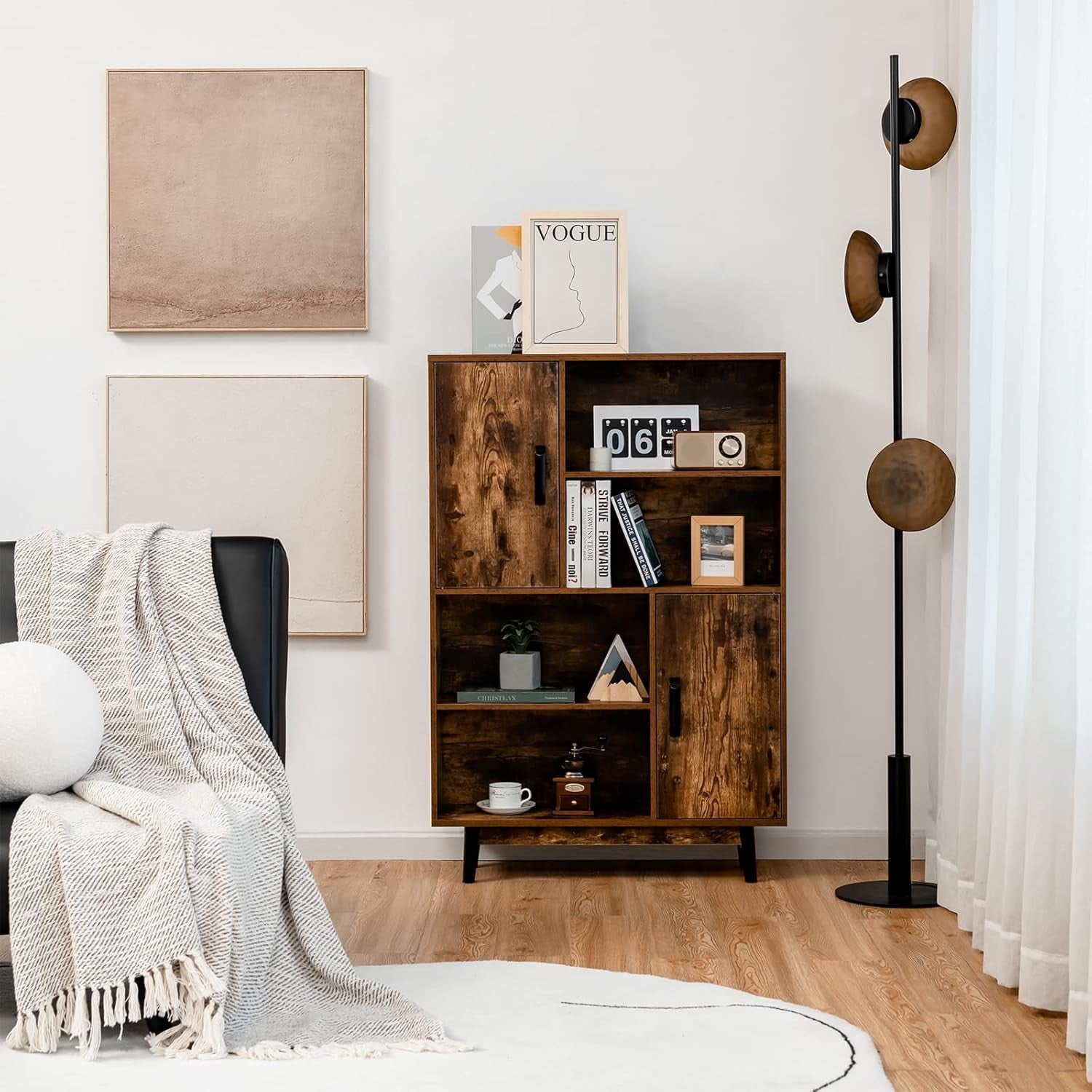 5-Tier Rustic Bookcase with Doors, Adjustable Shelves Tall Storage Cabinet 80×12