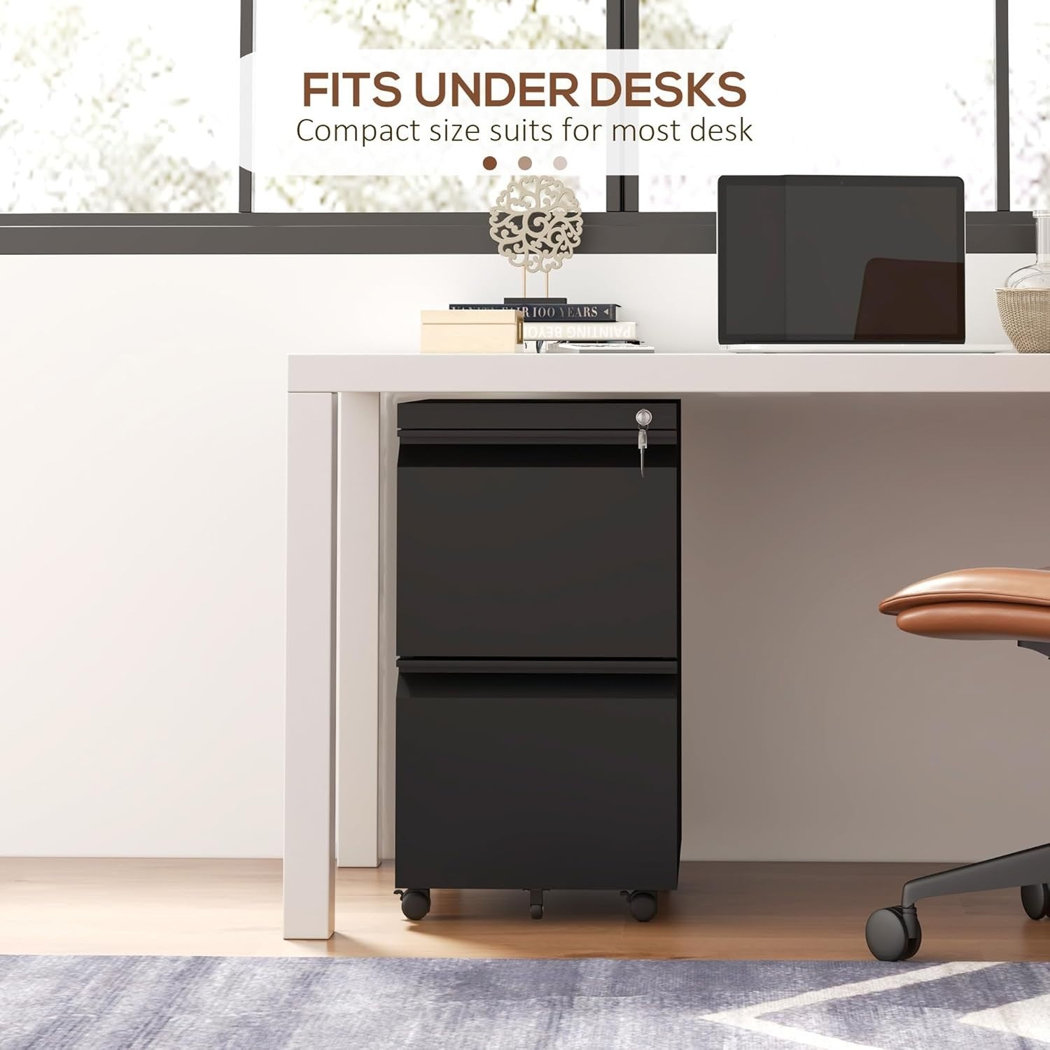 2 Drawer Mobile Filing Cabinet Lockable Steel A4 Letter Office Storage Black