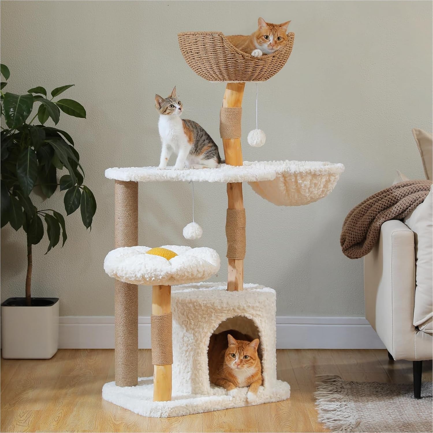 Cat Tree Tower 120cm Solid Wood Rattan Basket Condo Modern Indoor Cats