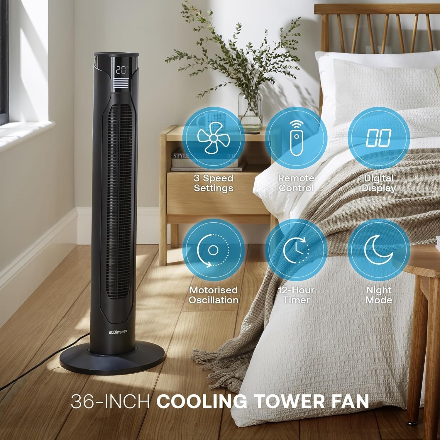 96cm Tower Fan – LED Display Silent Cooling w/Remote, Timer & 3-Speed Settings