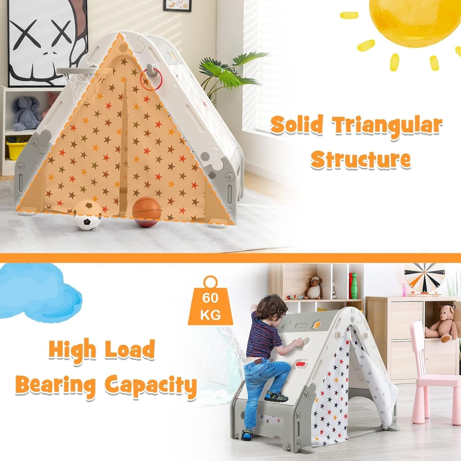 6 in 1 Kids Playhouse Activity Tent w Climbing Wall Hoop Board