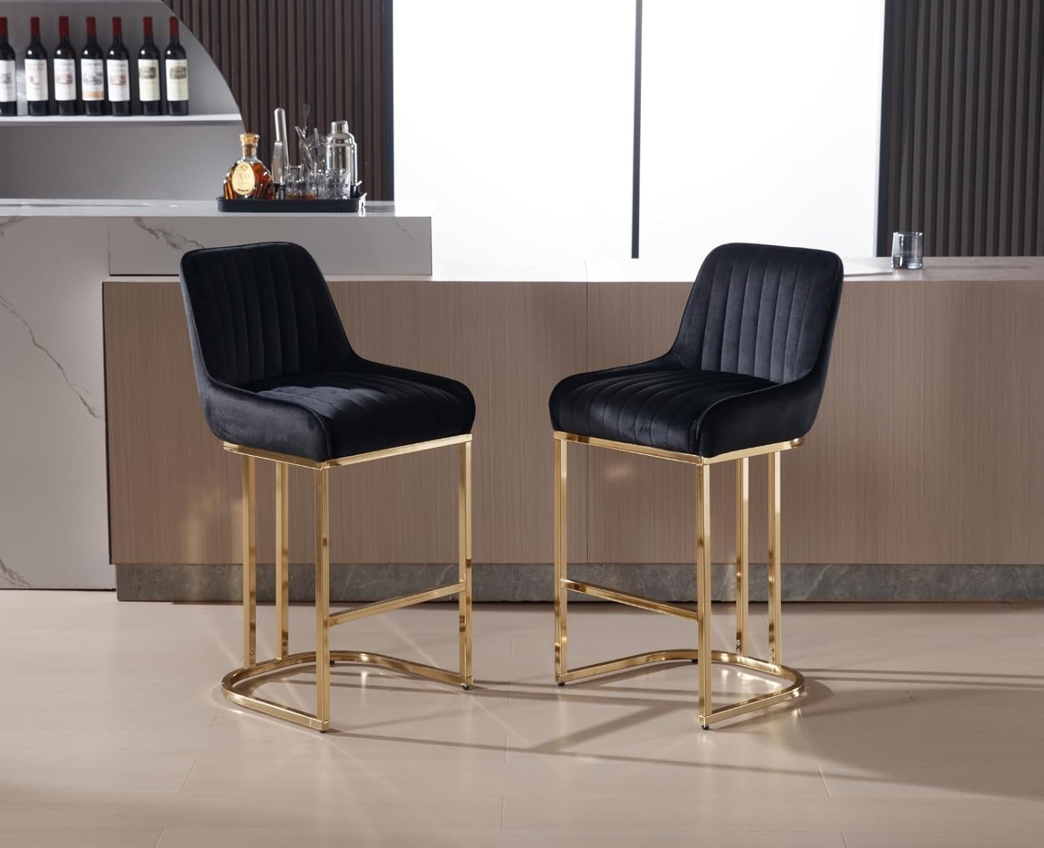 Bar Stools Set of 2 | Black Fabric L-Shaped Counter Dining Chairs