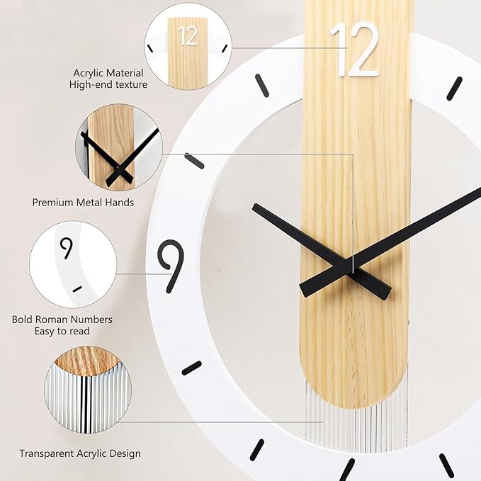 Modern Silent Wooden Wall Clock 40×40cm Acrylic Quartz Pendulum Decor