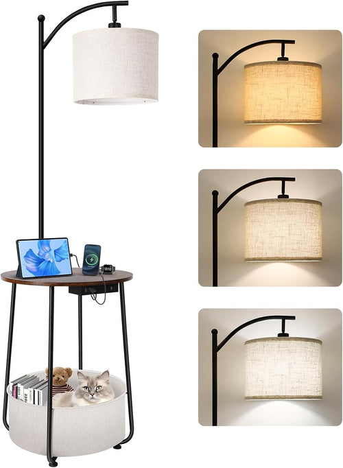 Floor Lamp with Round Table USB Charging Storage Basket Bedside Side Table