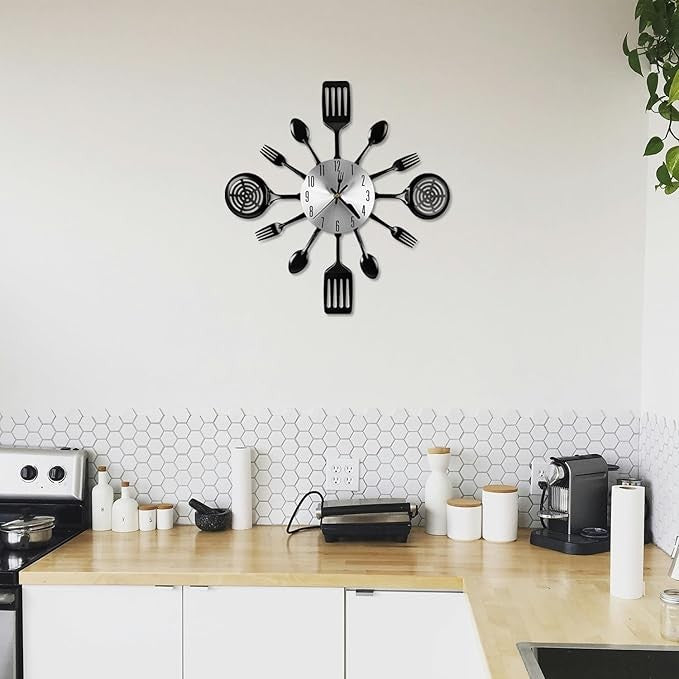 Cutlery Wall Clock Black Modern Kitchen Spoon Fork Spatula Silent 40cm Decor