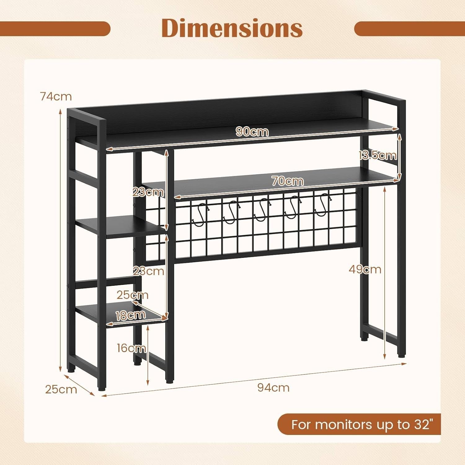 4-Tier Desktop Hutch Bookshelf Monitor Stand with Hooks Office Desk Organizer