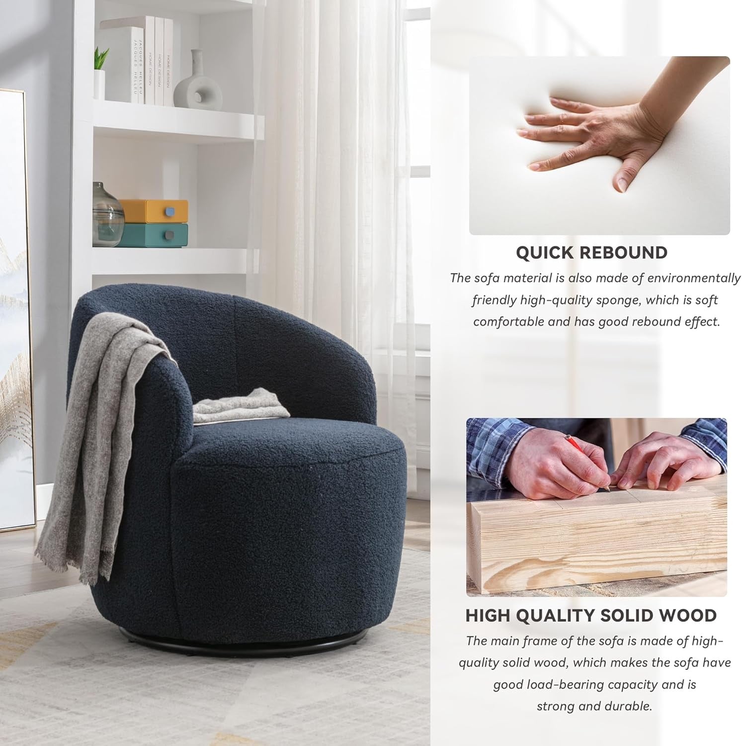 Blue Teddy Swivel Cuddle Chair 360° Boucle Accent Armchair