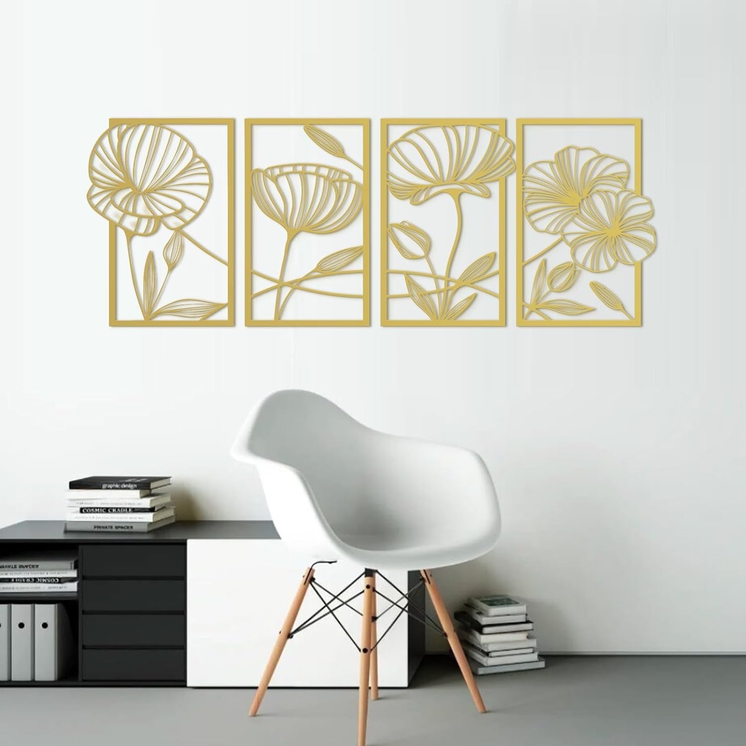Gold Metal Wall Art Set of 4 Lotus Flower 3D Line Sculptures Modern Decor
