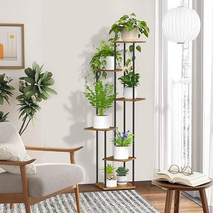 6 Tier Tall Metal & Wood Corner Plant Stand Indoor Display Shelf Rack