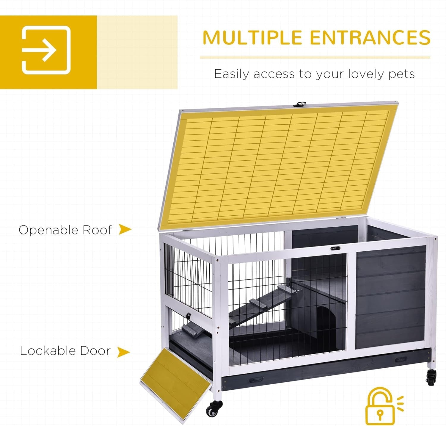 Rabbit Hutch Guinea Pig Cage Wooden Indoor Portable with Openable Roof