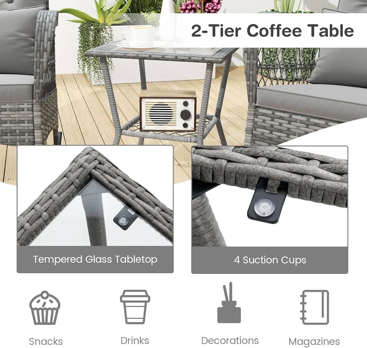 3 Piece Grey Rattan Bistro Set Rocking Chairs with Glass Table Outdoor