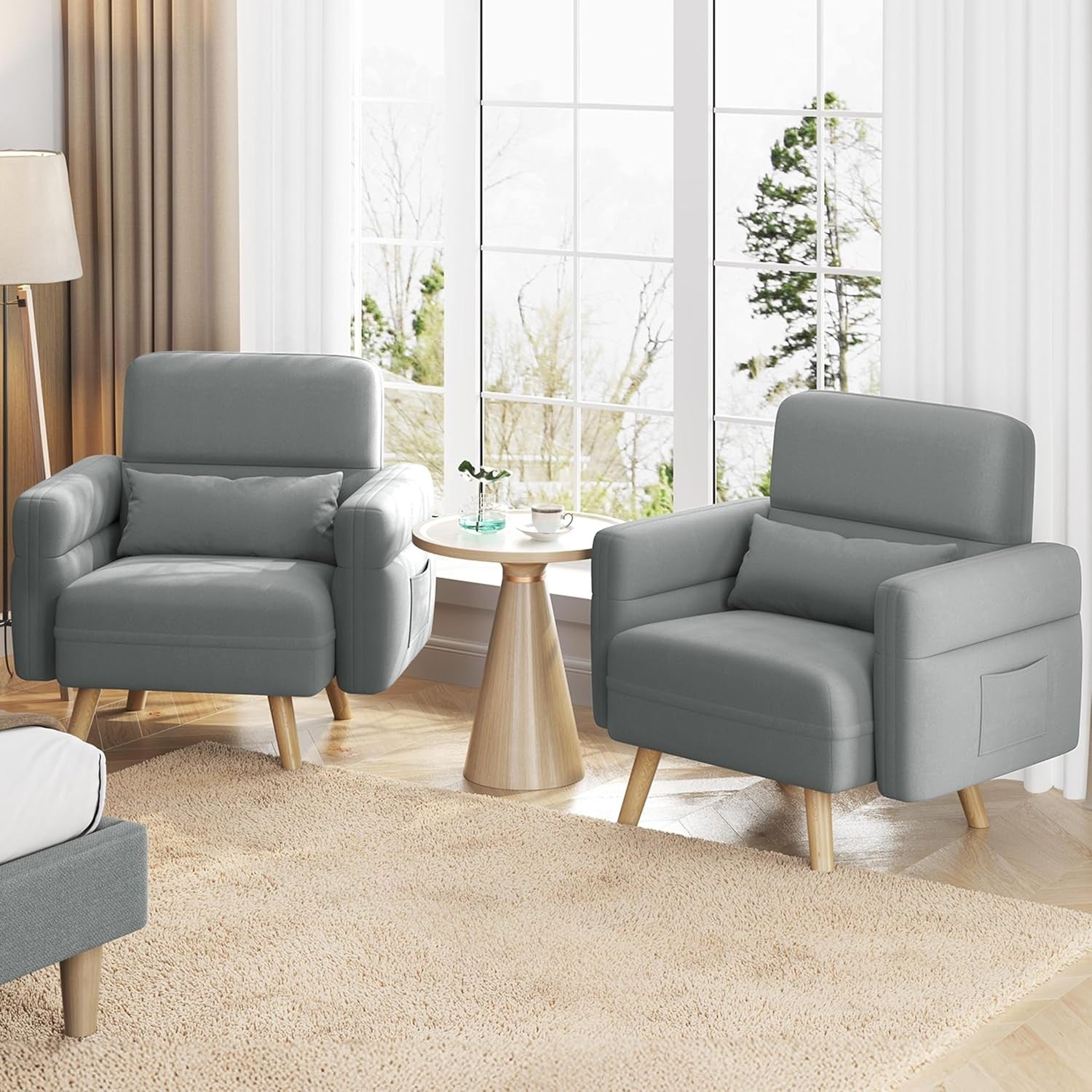Modern Fabric Tub Armchair with Lumbar Pillow Side Pockets Light Grey
