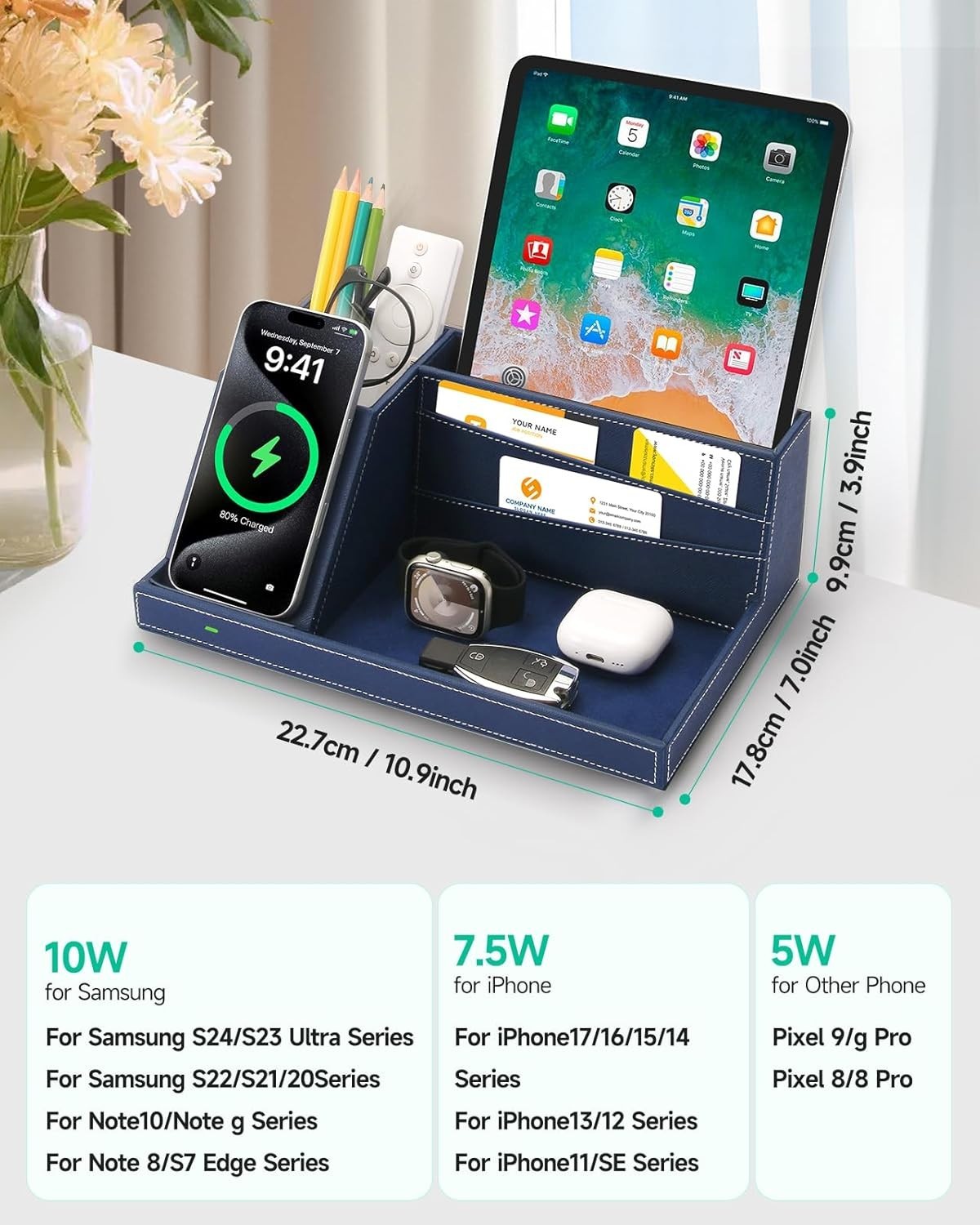 Desk Organizer with Wireless Charger, Bedside Tray, 5 Compartments