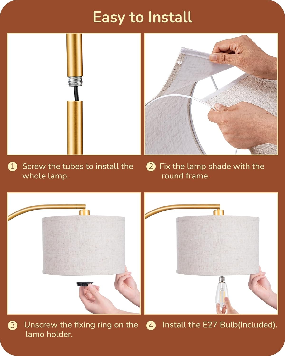 Modern Arc Floor Lamp Adjustable Linen Shade Gold Standing Light E27