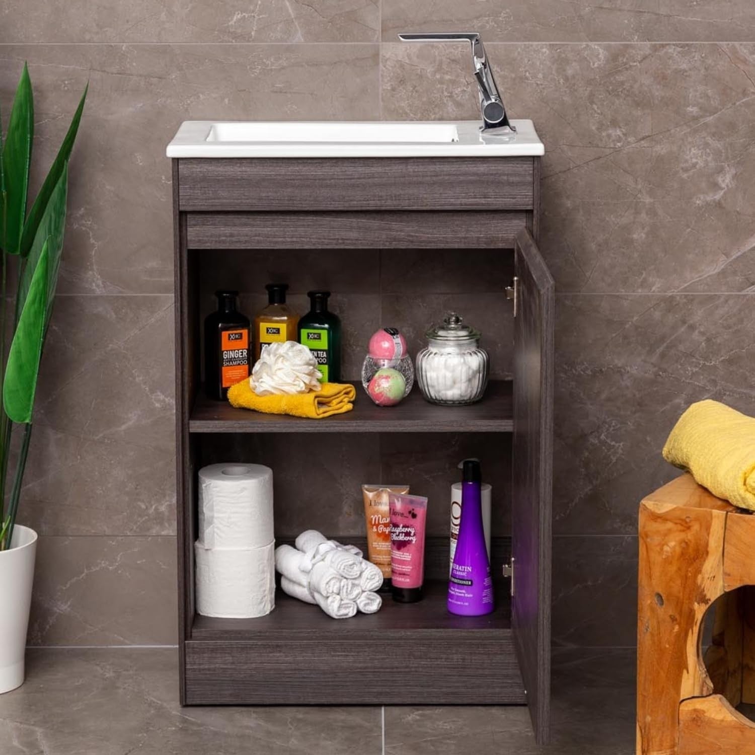 550mm Dark Oak Floor Standing Vanity Unit with Ceramic Basin & Soft Close Door