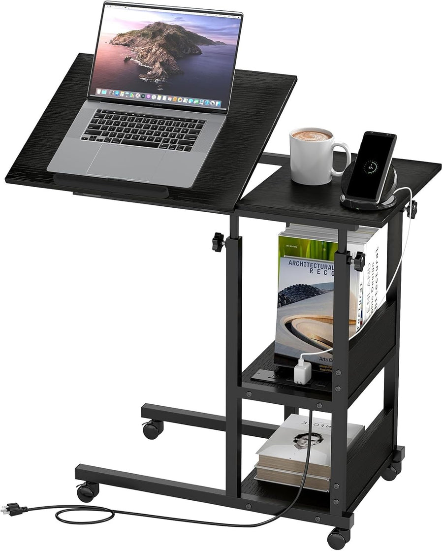 Adjustable Overbed Laptop Desk with Charging Station Wheels Storage Shelf