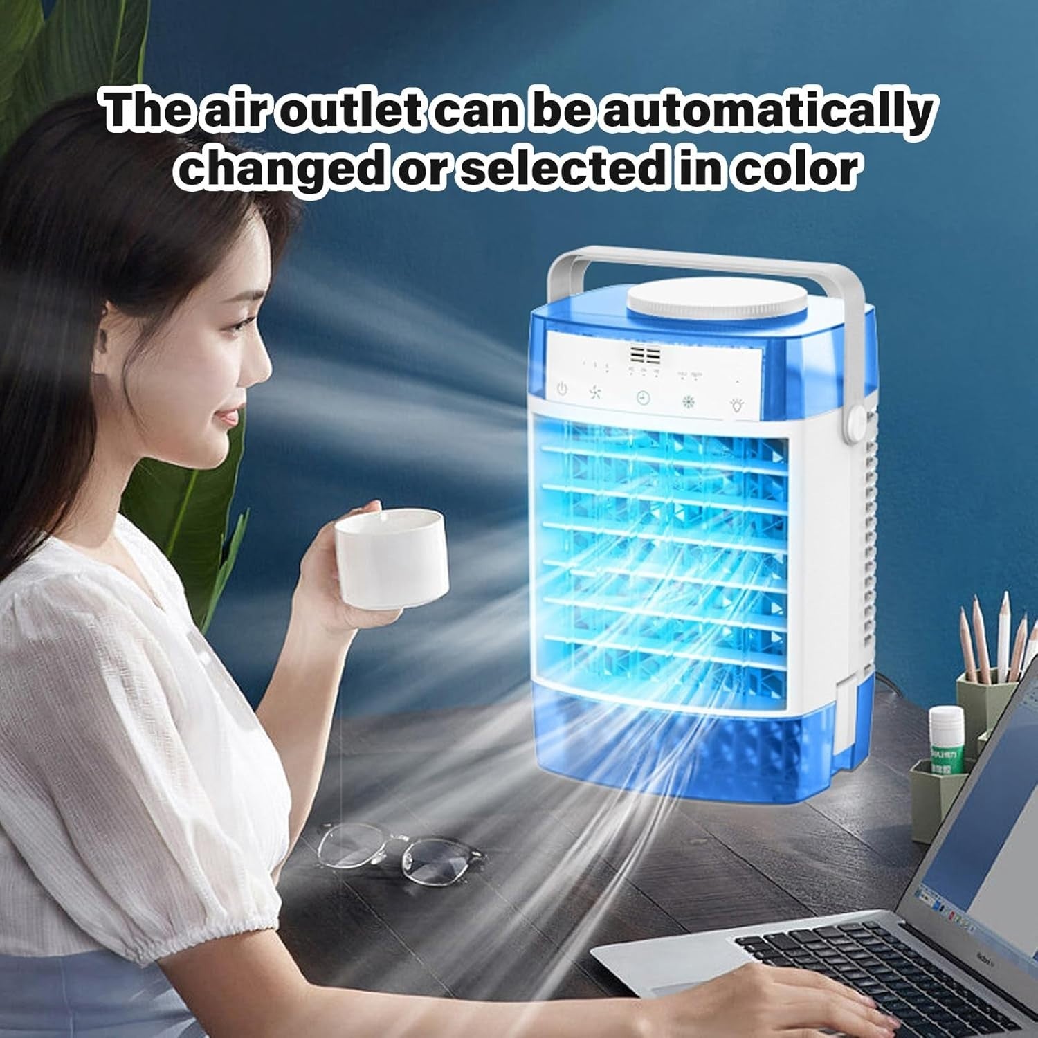 Desktop Air Cooling Fan Portable 3-Speed w Remote 7-Color LED Light Blue Mini AC