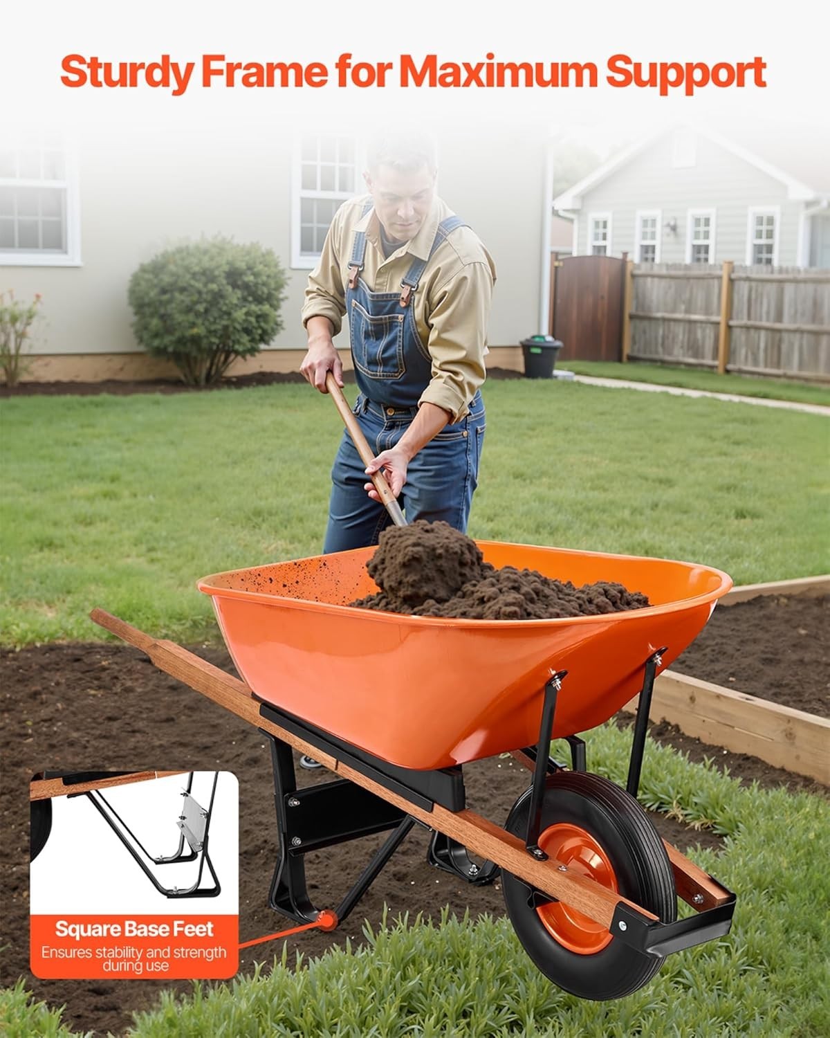6 Cu Ft Orange Wheelbarrow – Metal Frame PU Tyre Heavy Duty for 150kg Loads