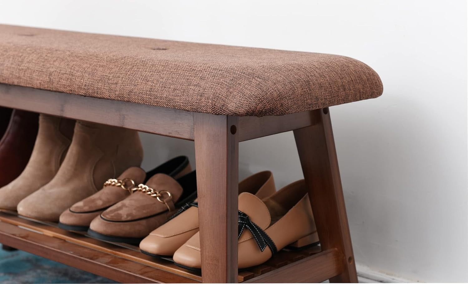 Wooden Entryway Shoe Bench with Cushion & 2-Tier Storage Rack 90cm Brown