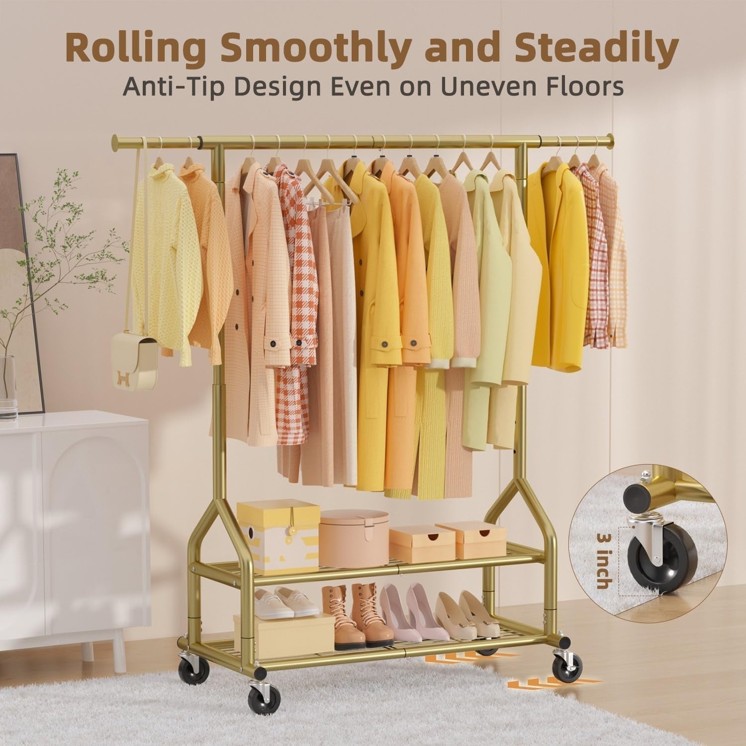 Gold Heavy Duty 252KG Clothes Rail With Shelves & Wheels