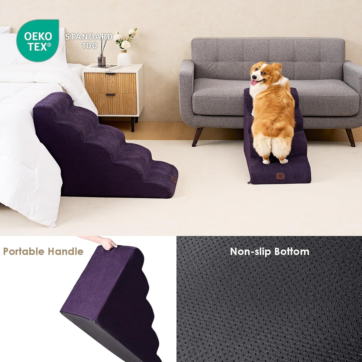 4 Step Dog Stairs for High Bed Non Slip Foam Pet Steps Purple