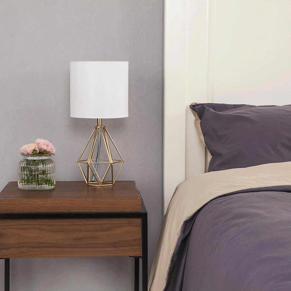 Gold Modern Small Table Lamp with Geometric Base & White Fabric Shade