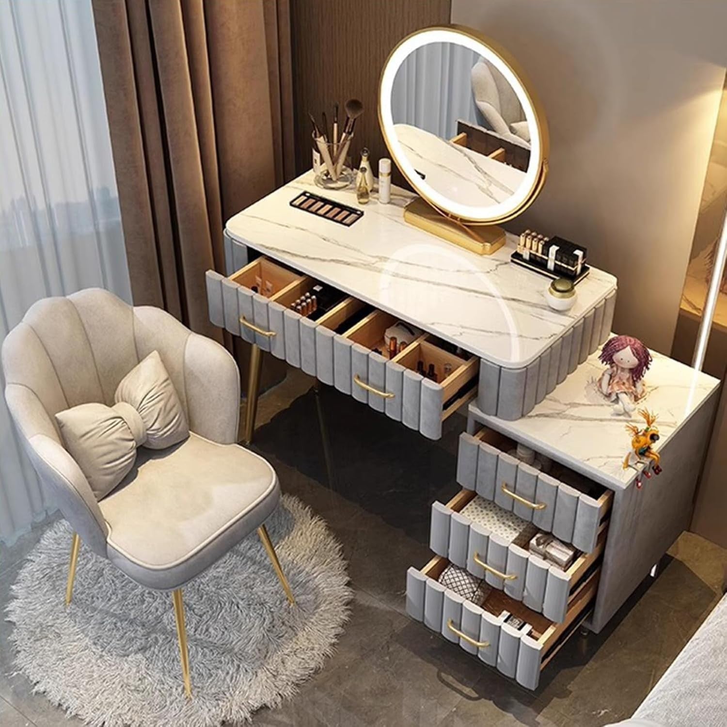Modern Dresser & Nightstand Set, 5 Drawer Storage, Makeup Mirror LED Light, Bedr